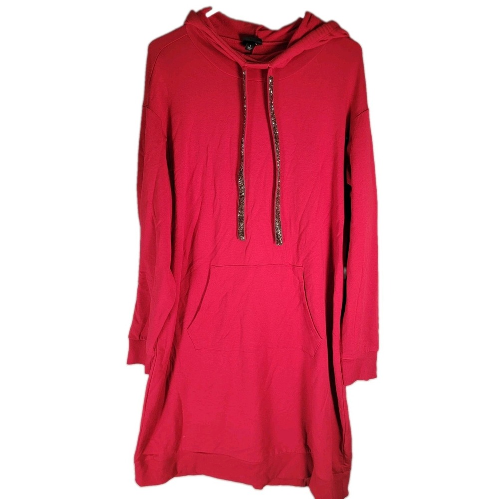 Torrid Sweatshirt Dress Womens 1 1X Red Rhinestone Crystal Drawstring Hoodie